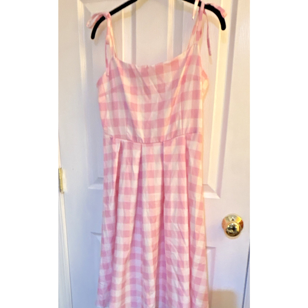 Pink Gingham Strappy Sleeve Cocktail Midi A-Line Dress Size S